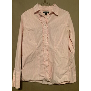 Lands End Blue  size 10 White pink Striped Button Shirt Ruffle Trim Cotton